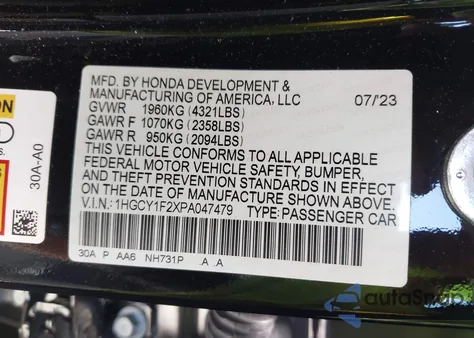 2023 Honda Accord Lx z USA, uszkodzony, nr VIN 1HGCY1F2XPA047479